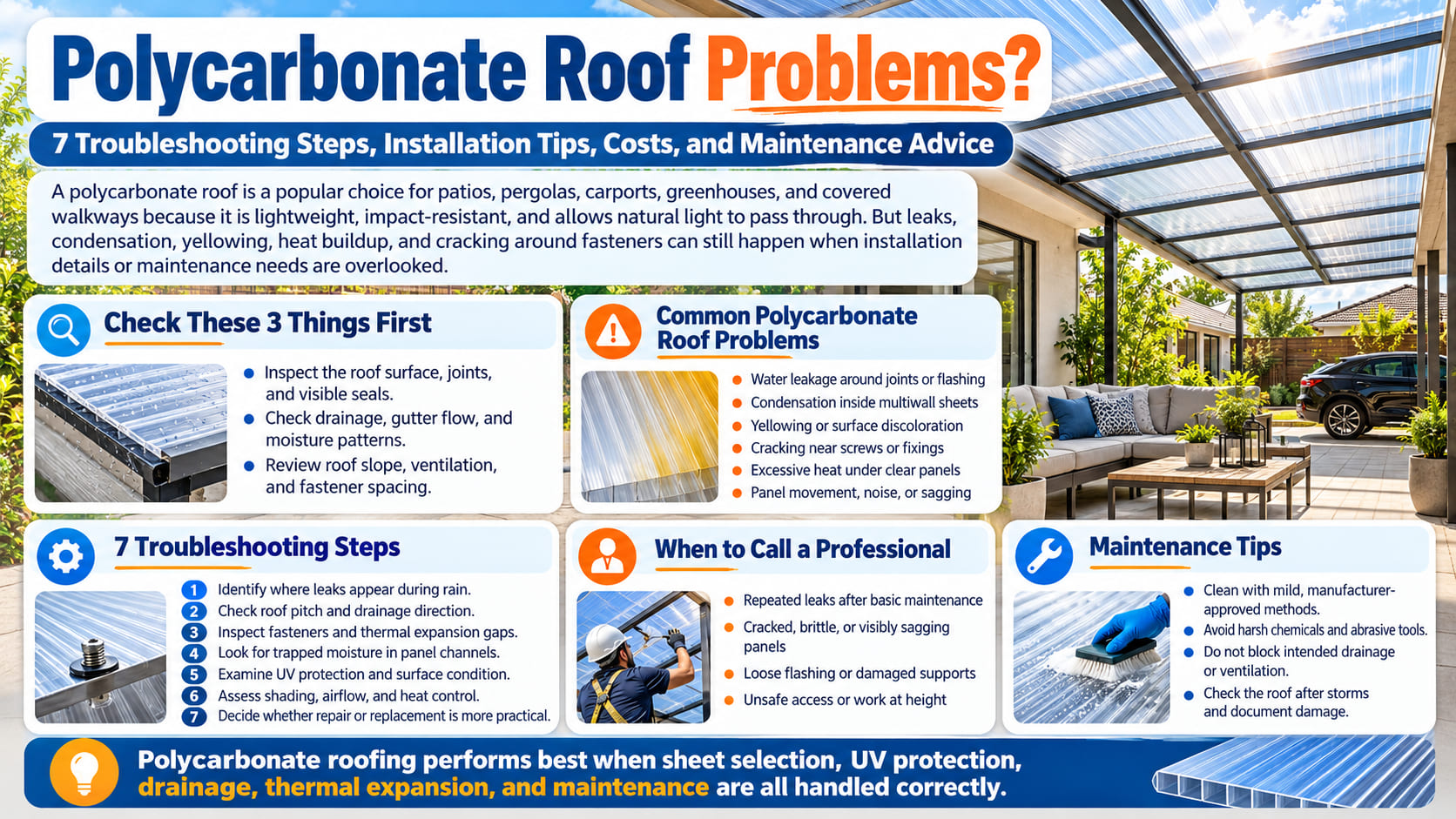 Polycarbonate Roof Problems? 7 Troubleshooting Steps, Installation Tips, Costs, and Maintenance Advice