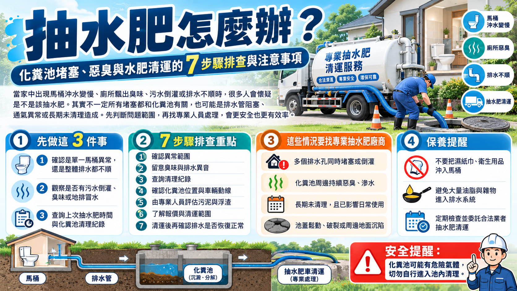 抽水肥怎麼辦？化糞池堵塞、惡臭與水肥清運的7步驟排查及注意事項